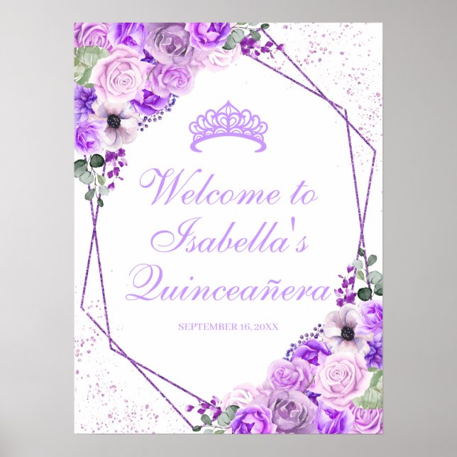 Lilac Purple Floral Quinceanera Welcome Sign (Front)