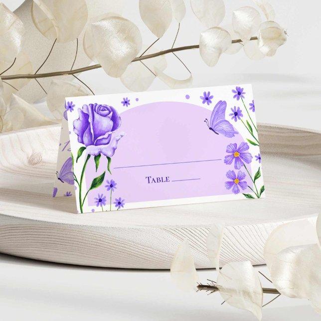 Lilac Purple Floral Roses & Butterfly Quinceañera  Place Card (Lilac Purple Floral Roses & Butterfly Quinceañera Place Card)