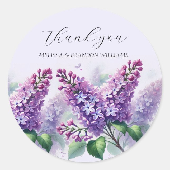 Lilac Purple Floral Wedding Thank you  Classic Round Sticker (Front)