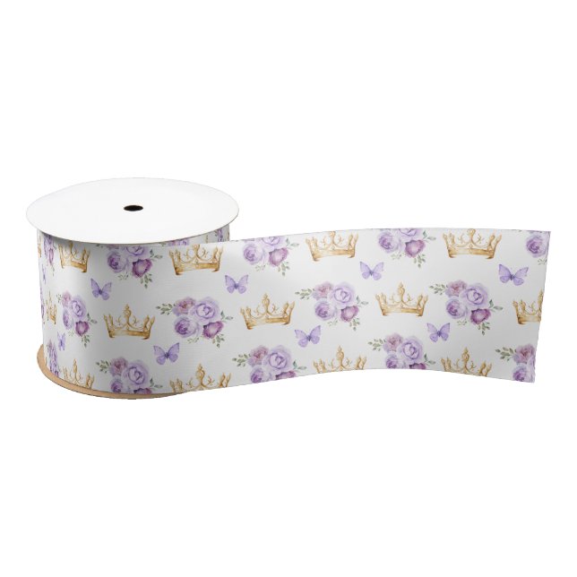 Lilac Purple Flowers and Gold Crowns Satin Ribbon (Spool)