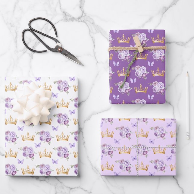 Lilac Purple Flowers and Gold Crowns Wrapping Paper Sheet (Front)