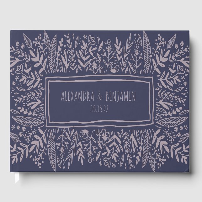 Lilac Purple Garden Floral Art Border Name Wedding Guest Book (Front)
