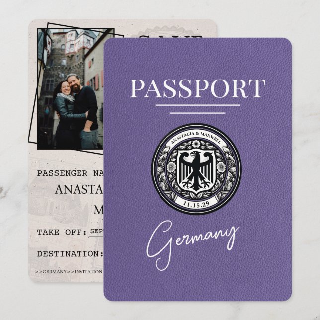 Lilac Purple Germany Passport Save The Date (Front/Back)