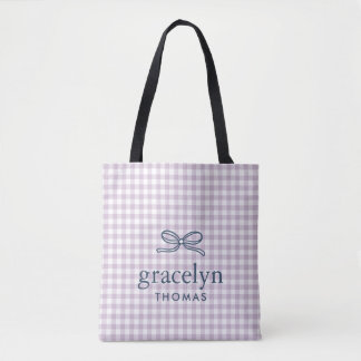 Lilac Purple Gingham Bow Monogram Tote Bag