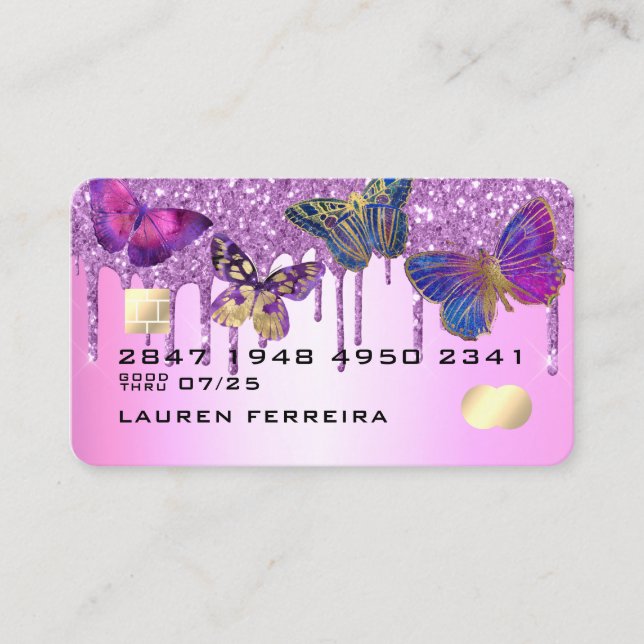 Lilac Purple Glitter Butterfly Faux Credit Card (Front)