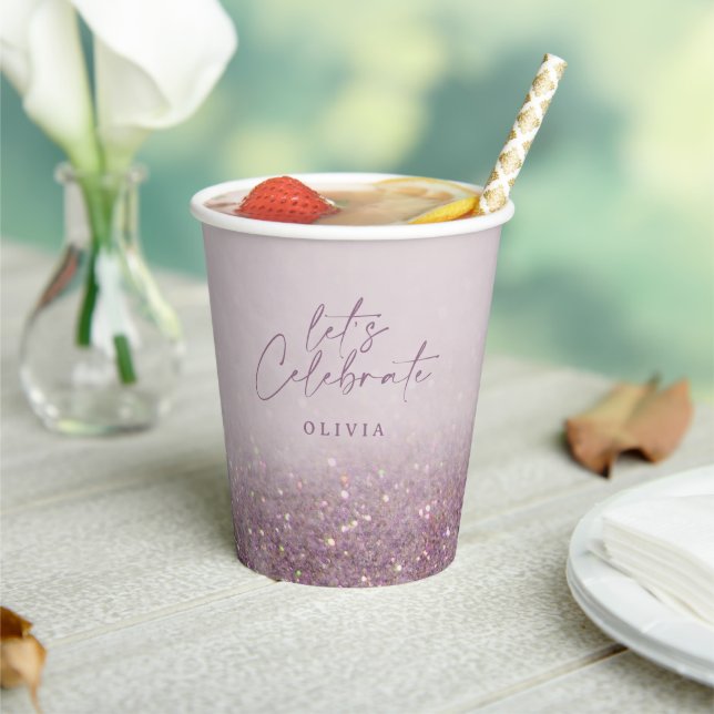 Lilac purple glitter elegant birthday brunch chic paper cups (Insitu)