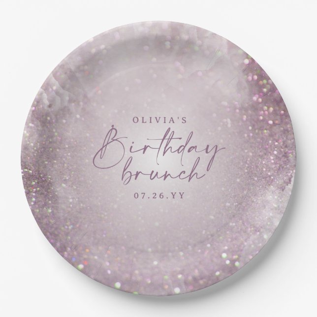 Lilac purple glitter elegant birthday brunch chic paper plate (Front)
