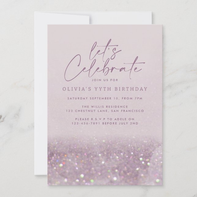 Lilac purple glitter elegant birthday unique invitation (Front)