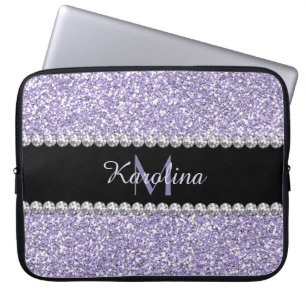 Lilac Purple Glitter, Personalised with Monogram Laptop Sleeve