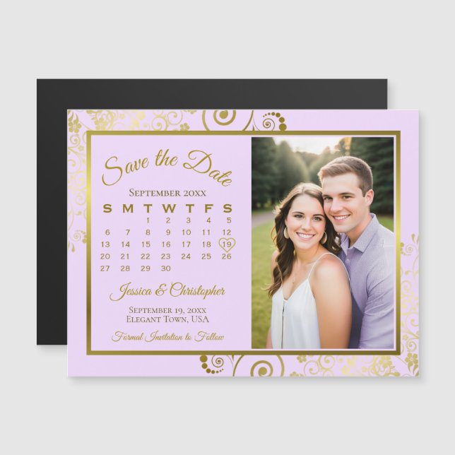 Lilac Purple Gold Calendar Photo Save Date Magnet (Front/Back)