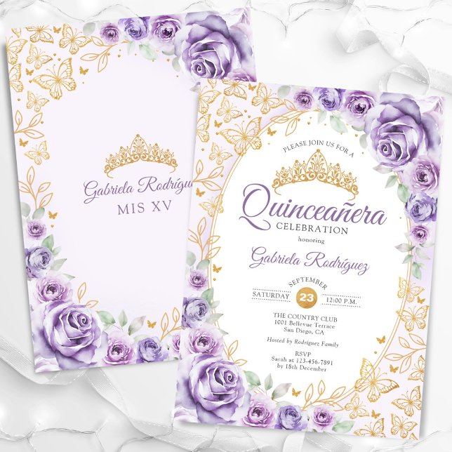 Lilac Purple Gold Floral Quinceanera Invitation (Creator Uploaded)