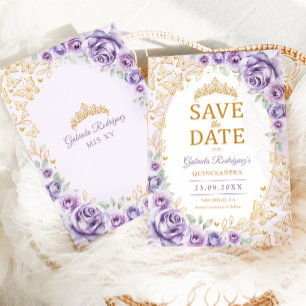 Lilac Purple Gold Floral Quinceanera Save The Date