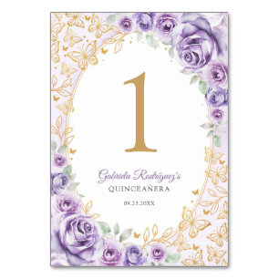 Lilac Purple Gold Floral Quinceanera Table Number