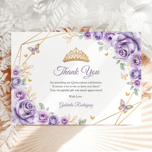 Lilac Purple Gold Floral Quinceanera Thank You Card (Creator Uploaded)