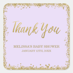 Lilac Purple Gold Glitter Baby Shower Thank You Square Sticker