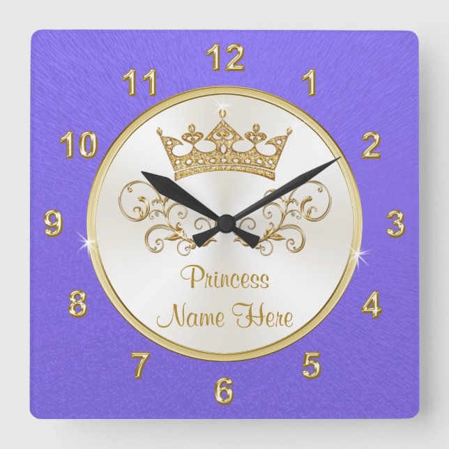 Lilac Purple Gold Personalised Princess Room Decor Square Wall Clock (Front)