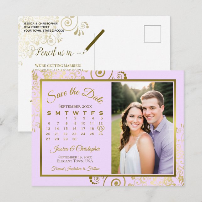 Lilac Purple Gold Wedding Save Date Calendar Photo Announcement Postcard (Front/Back)