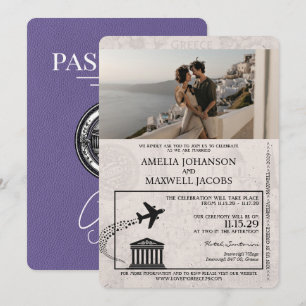 Lilac Purple Greece Passport Wedding Invitation