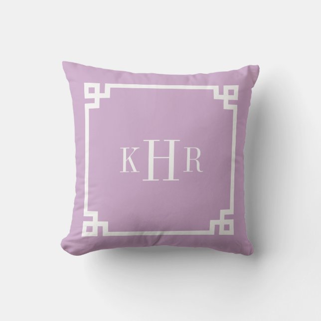 Lilac Purple Greek Key Border Custom Monogram Cushion (Front)