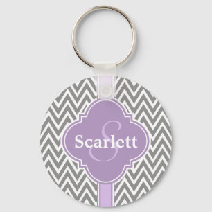 Lilac Purple Grey Chevron Pattern and Monogram Key Ring