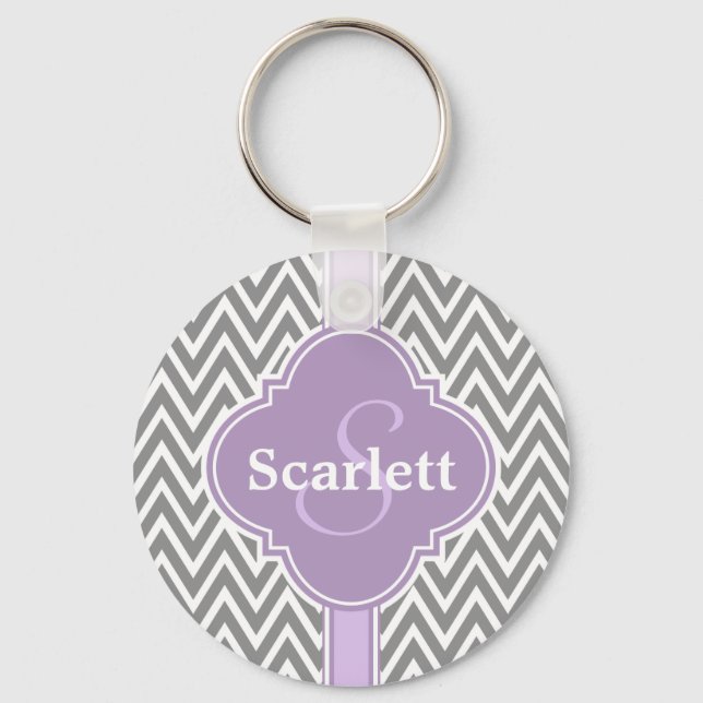Lilac Purple Grey Chevron Pattern and Monogram Key Ring (Front)