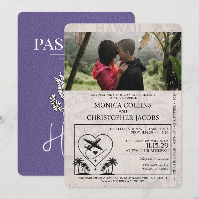 Lilac Purple Hawaii Passport Wedding Invitation (Front/Back)