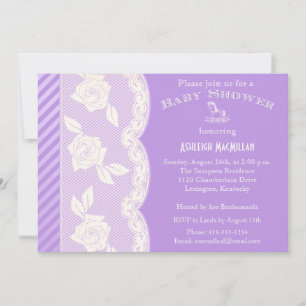 Lilac Purple, Ivory Floral Lace Baby Shower Invite