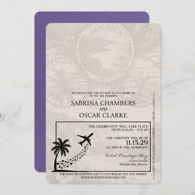Lilac Purple Jamaica Passport Wedding Invitation (Front/Back)