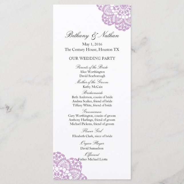 Lilac Purple Lace Doily Wedding Program Programme (Front)