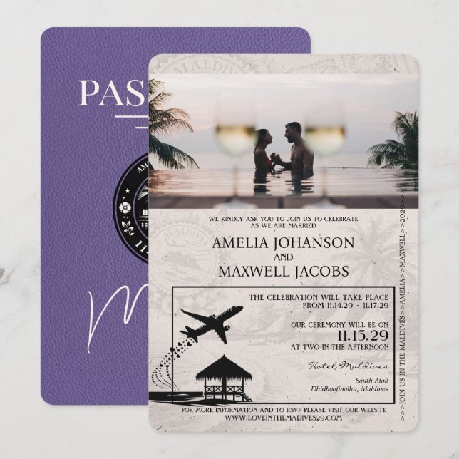 Lilac Purple Maldives Passport Wedding Invitation (Front/Back)