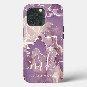 Lilac Purple Marble with Monogram and Name iPhone 13 Pro Case