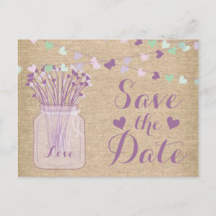 Lilac Purple Mason Jar Burlap Lace Save the Date Announcement Postcard