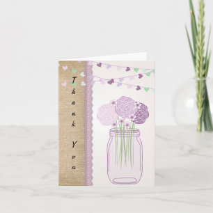Lilac Purple Mason Jar Burlap Lace Thank You Card