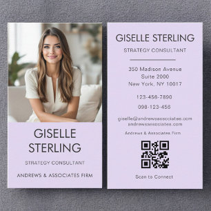 Lilac Purple Minimal Photo QR Code Modern  Business Card