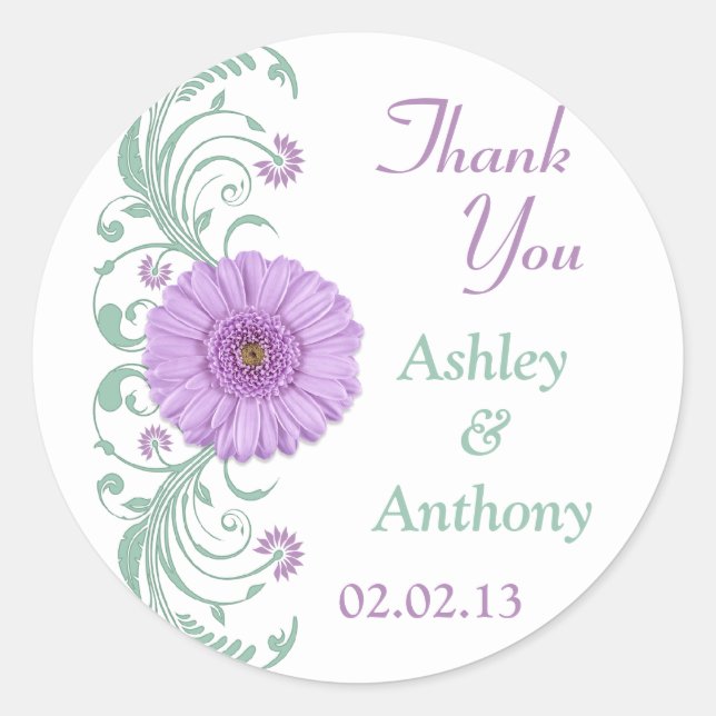 Lilac Purple Mint Floral Wedding Thank You Favour Classic Round Sticker (Front)