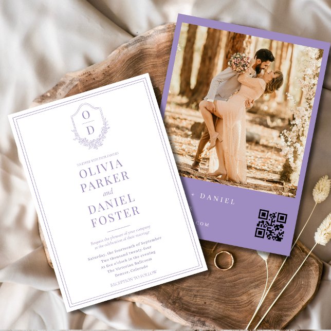 Lilac Purple Modern QR Code Crest Photo Wedding Invitation (Creator Uploaded)