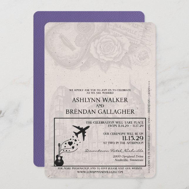 Lilac Purple Nashville Passport Wedding Invitation (Front/Back)