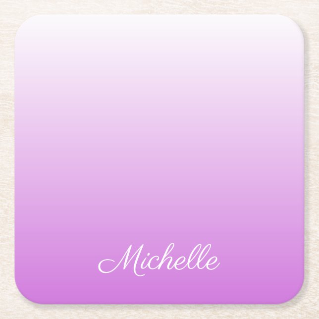 Lilac purple ombre personalised name square paper coaster (Front)
