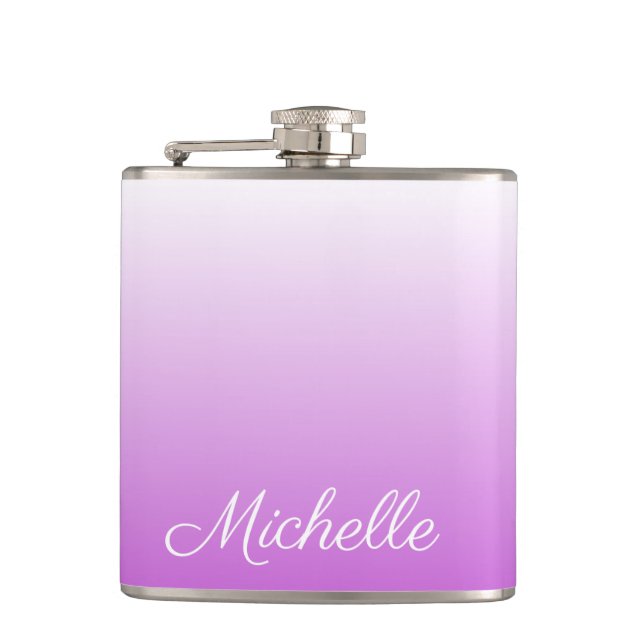 Lilac purple ombre personalized name hip flask (Front)