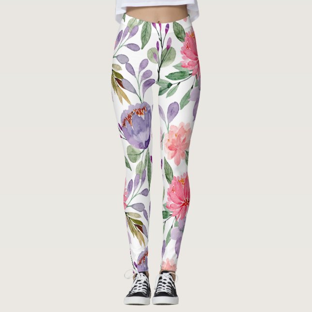Lilac Purple Pastel Pink Floral Pattern  Leggings (Front)