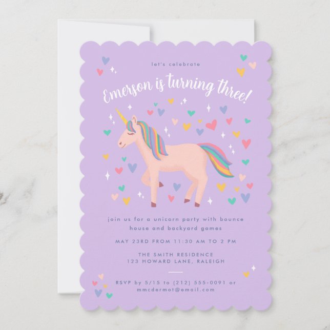 Lilac Purple Pastel Rainbow Unicorn Birthday Party Invitation (Front)