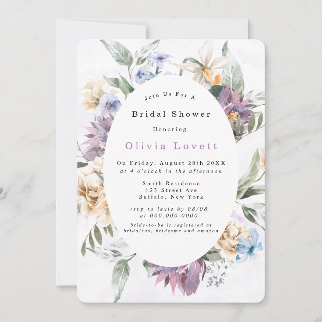 Lilac Purple Peony Wildflowe Bridal Shower Invites (Front)