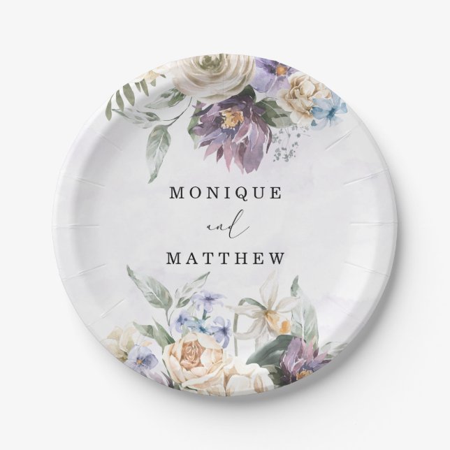 Lilac Purple Peony Wildflowers Bouquet Wedding Paper Plate (Front)