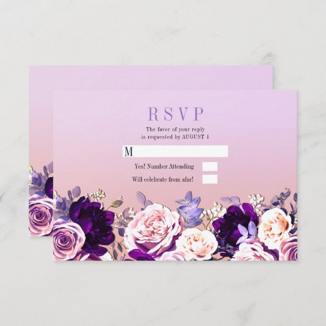 Lilac Purple & Pink Blush Rose Floral Wedding RSVP Invitation (Front/Back)
