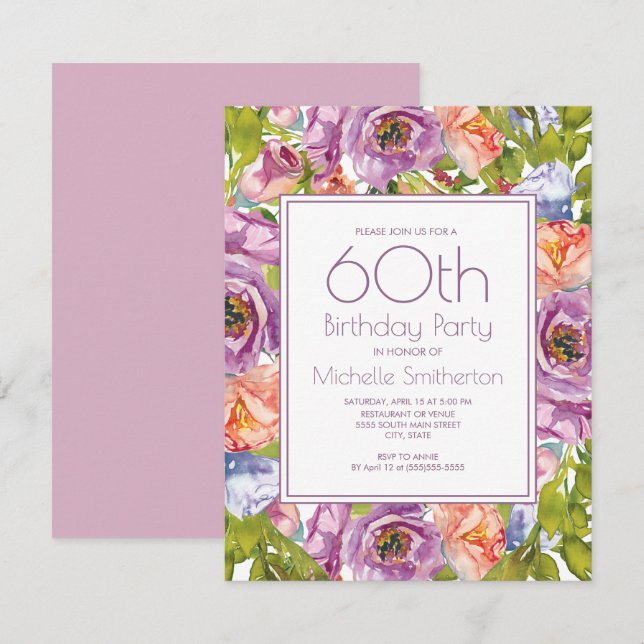 Lilac Purple Pink Floral 60th Birthday Women Invitation (Front/Back)