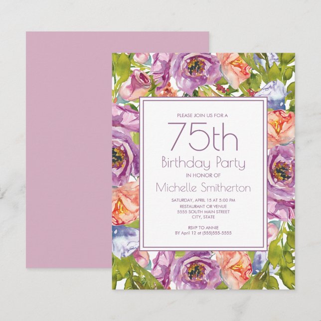Lilac Purple Pink Floral 75th Birthday Women Invitation (Front/Back)