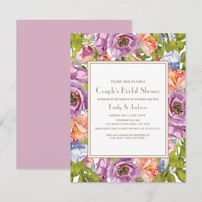 Lilac Purple Pink Floral Couple's Bridal Shower Invitation (Front/Back)