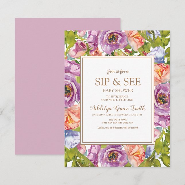 Lilac Purple Pink Floral Sip See Baby Shower Invitation (Front/Back)