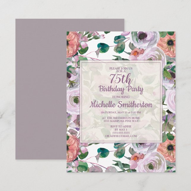 Lilac Purple Pink Watercolor Floral 75th Birthday Invitation (Front/Back)