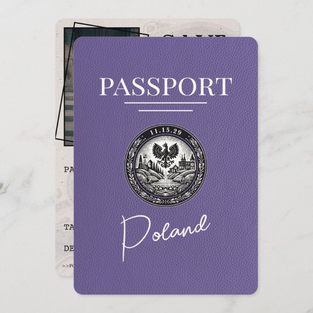Lilac Purple Poland Passport Save The Date (Front/Back)